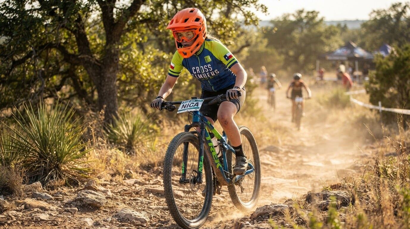 Cross Timbers MTB rider charging down a dusty trail